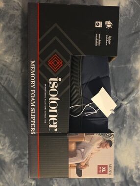 isotoner Men’s Memory Foam Slippers in Navy Blue